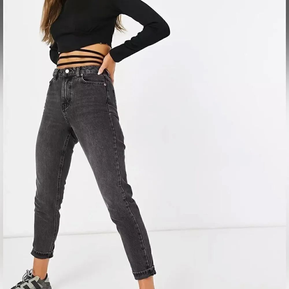 Topshop Mom Jeans Washed Black High Rise Straight Relaxed Denim Jeans Sz 34X30